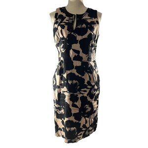 Saint Tropez West Women Tan Black Floral 100% Linen Sheath Dress Sz 8 Art Wear